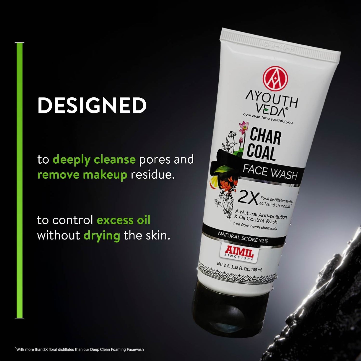 Charcoal Face Wash with Activated Bamboo Charcoal & Floral Distillates | Deep Detoxifying & Brightening Formula | Dermatologically Safe | Suitable for All Skin Types | Net Qty – 100 ml - Single 100ml