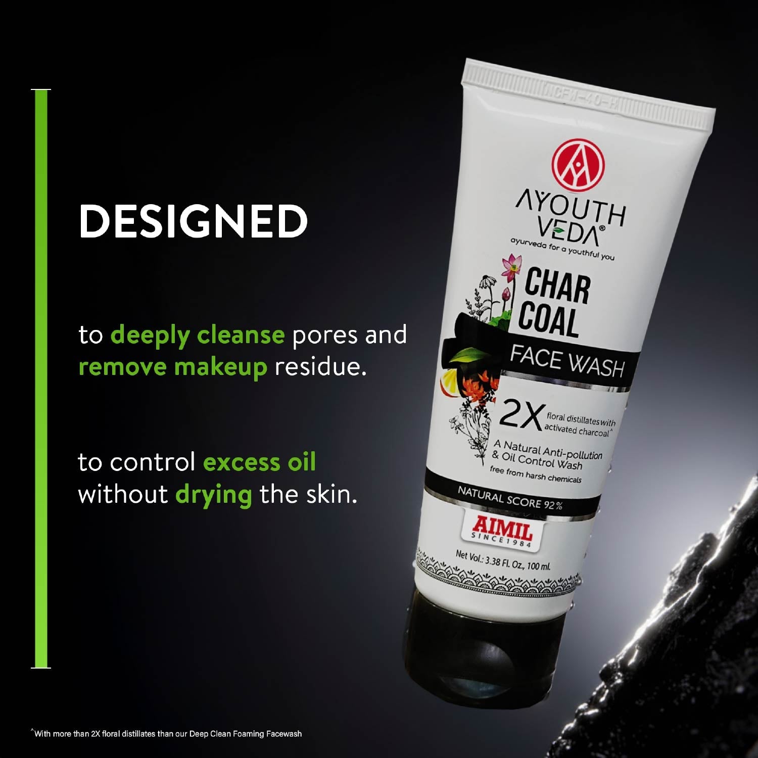 Charcoal Face Wash with Activated Bamboo Charcoal & Floral Distillates | Deep Detoxifying & Brightening Formula | Dermatologically Safe | Suitable for All Skin Types | Net Qty – 100 ml - Single 100ml