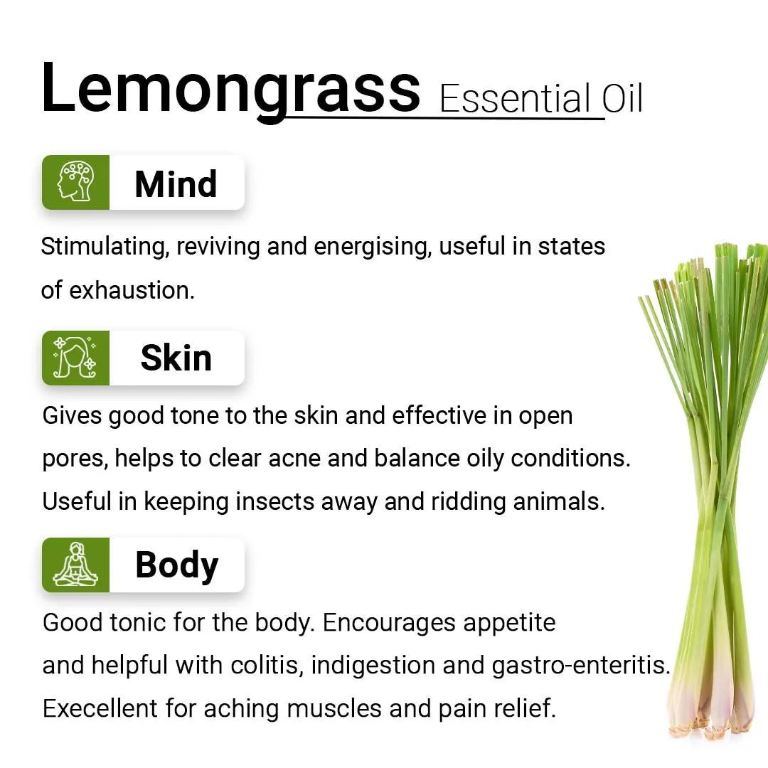 Lemongrass Essential Oil, Therapeutic, Pure & Natural, Stimulates & Energies Body and Mind, Insecticide 10ml 10ml