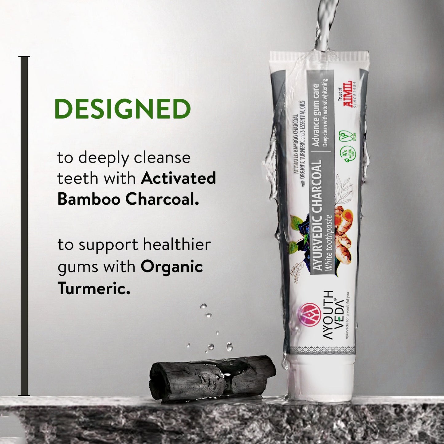 Ayurvedic Charcoal White Toothpaste with Activated Bamboo Charcoal & Turmeric for Deep Cleaning & Whitening  - 100g each (Set of 2) 100g