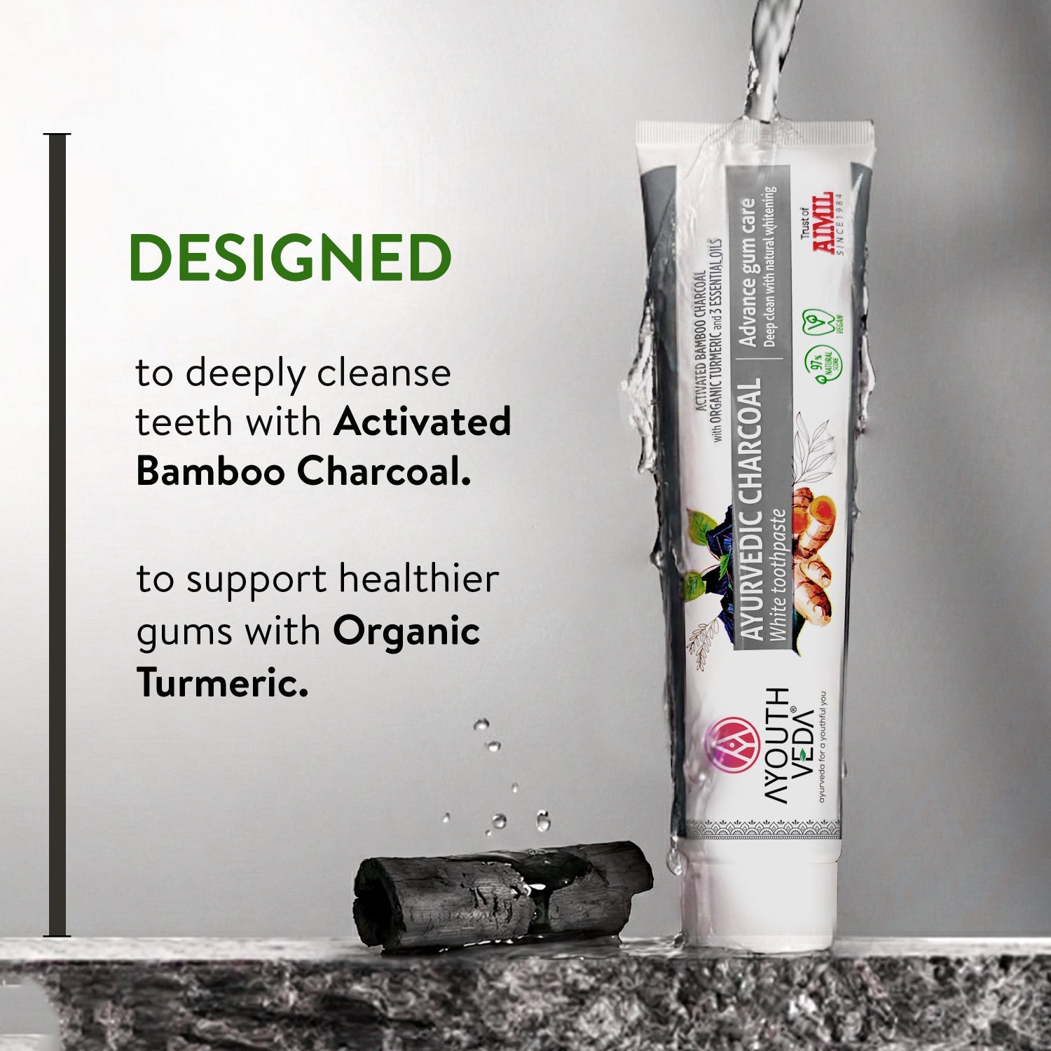 Ayurvedic Charcoal White Toothpaste with Activated Bamboo Charcoal & Turmeric for Deep Cleaning & Whitening  - 100g each (Set of 2) 100g