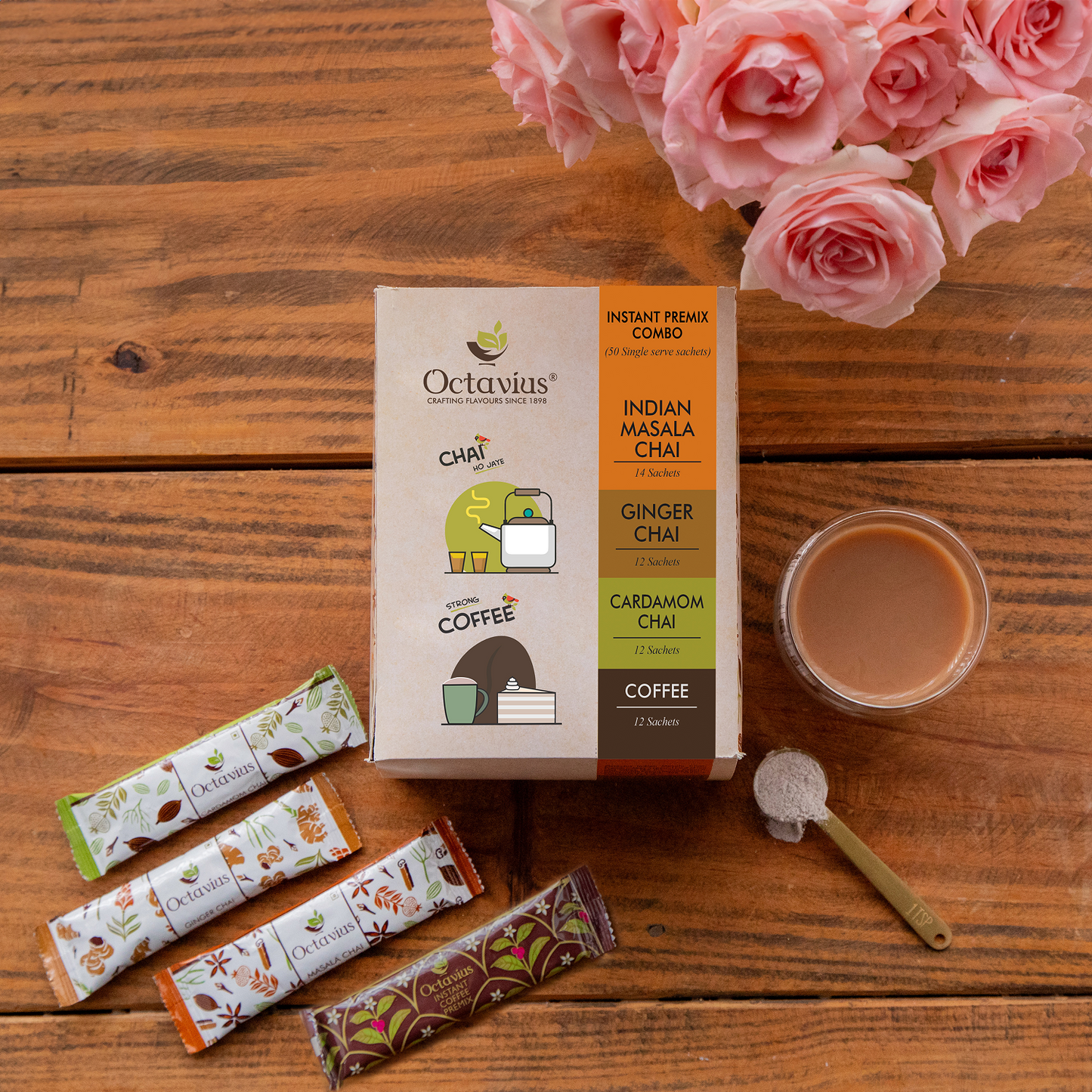 4 in 1 Instant Premix - Indian Masala, Cardamom,  Ginger & Coffee Pack of 50 sachets 50sachets