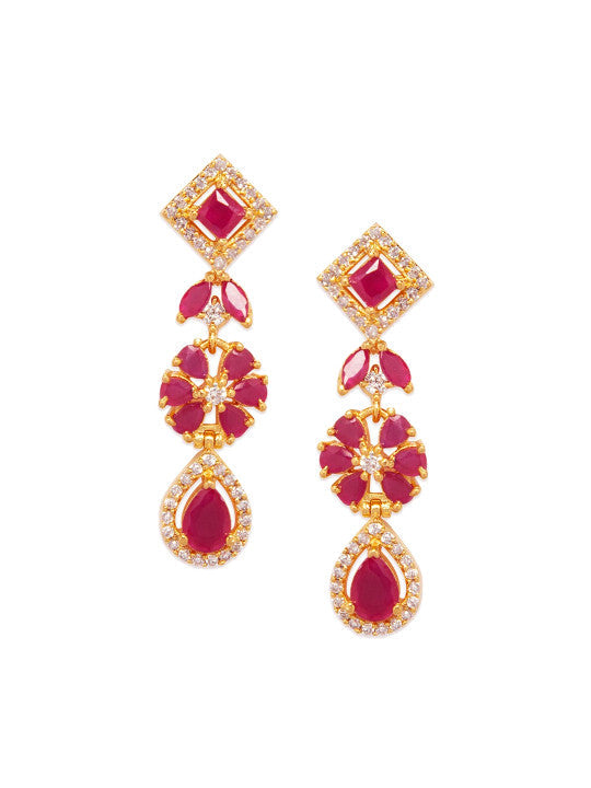 Rubans 22K Gold-Plated Ruby Pink & White Cubic Zirconia Studded Floral Drop Necklace Set Pink