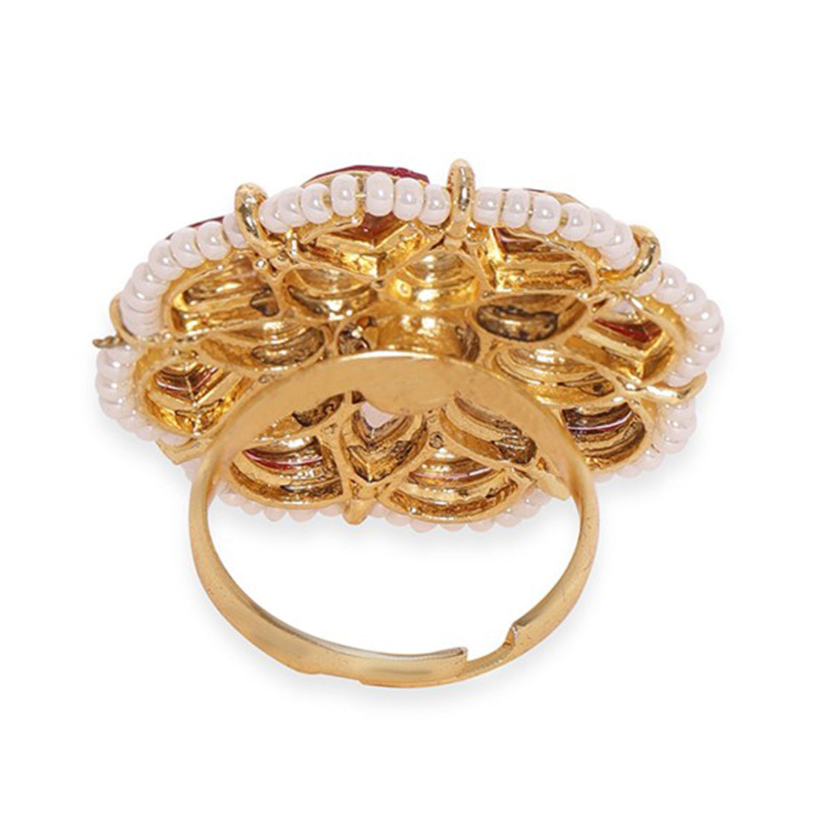 【Rubans】 Women 22K Gold-Plated Kundan-Studded & Pearls Beaded Adjustable Finger Ring｜22K ゴールドメッキ クンダン＆パールビーズ アジャスタブル リング｜フリーサイズ