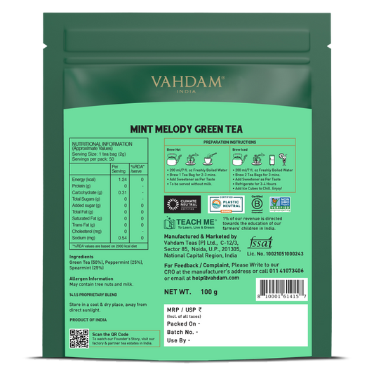 【VAHDAM】 Mint Melody Green Tea, 50 Count｜ミント メロディー グリーンティー｜50 Count