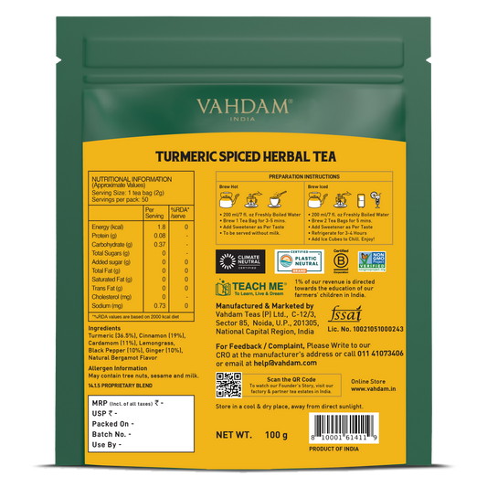 【VAHDAM】 Turmeric Ginger Herbal Infusion, 50 Count｜ターメリック ジンジャー ハーバルインフュージョン｜50 Count