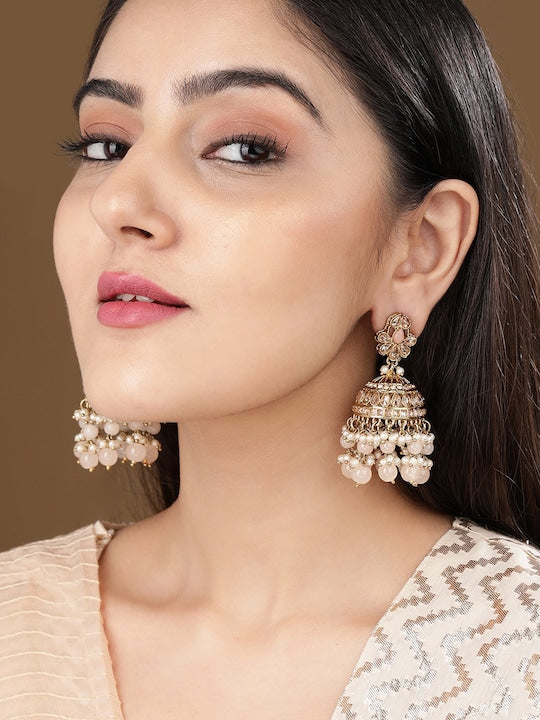 Rubans Traditional Gold Toned Jhumkas with Pearl Beads Gold