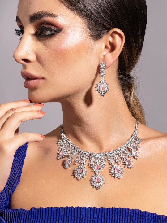 Rubans Silver Plated Pink Gemstone & AAA Cubic Zirconia Studded Floral Design Jewellery Set Silver