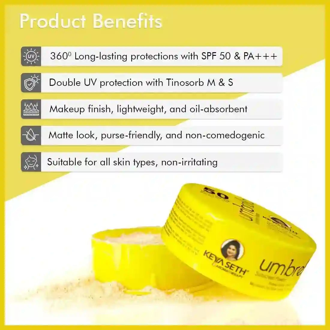 Umbrella Sunscreen Powder SPF 50 with PA+++ UV Protection, Sweat Resistant Formula, Micronized Zinc Oxide for Oily Skin 50g
