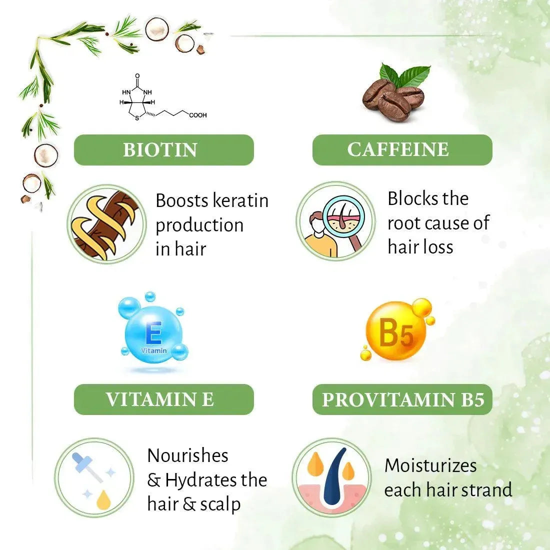 Rosemary Tea Tree Coconut Hair Growth Serum, Biotin Caffeine Vitamin E B5, Blocks DHT, Hair fall Control, Dandruff Soothing, Essential Oil 30ml