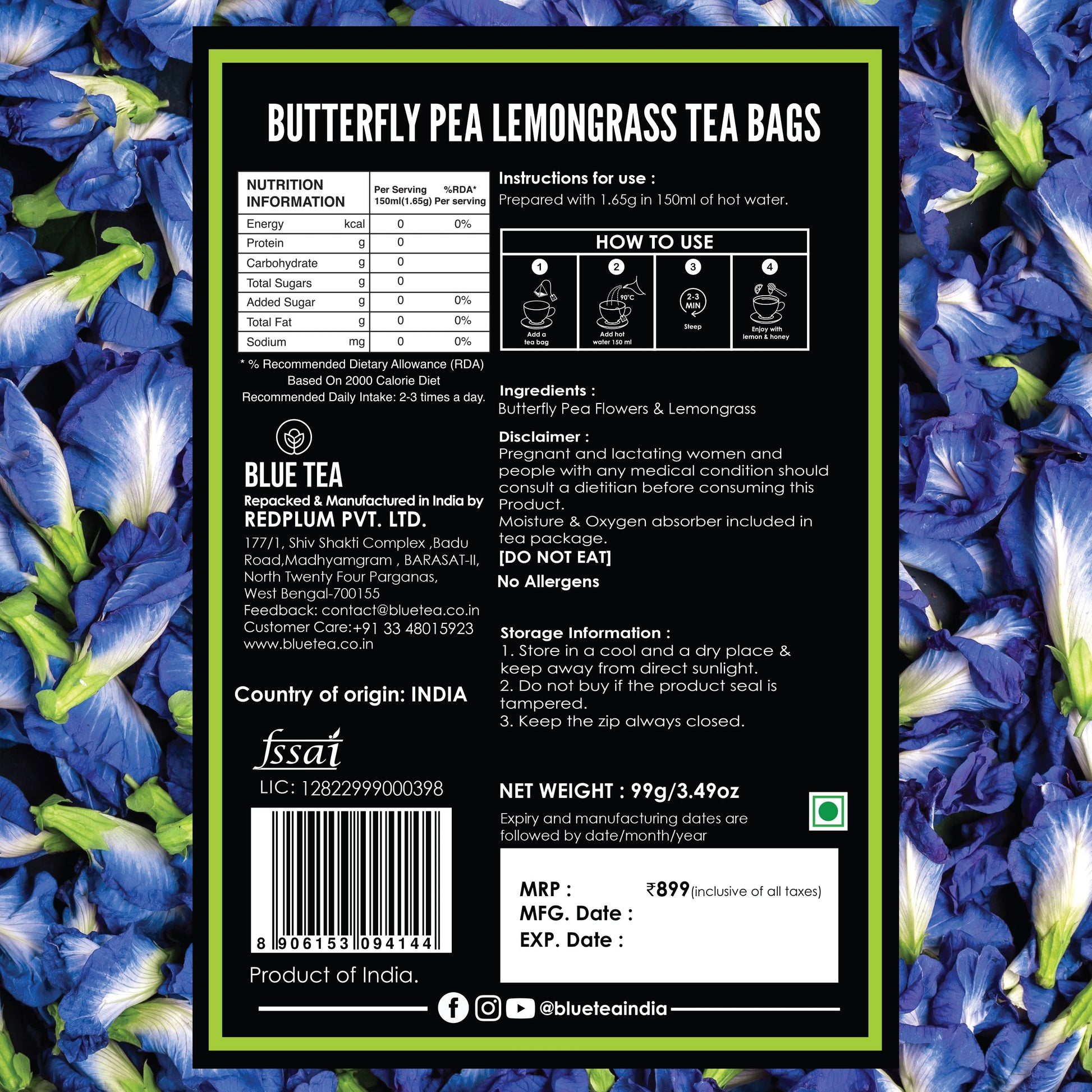 Butterfly Pea Lemongrass Herbal Tea - 60 Tea Bags 60 Tea Bags