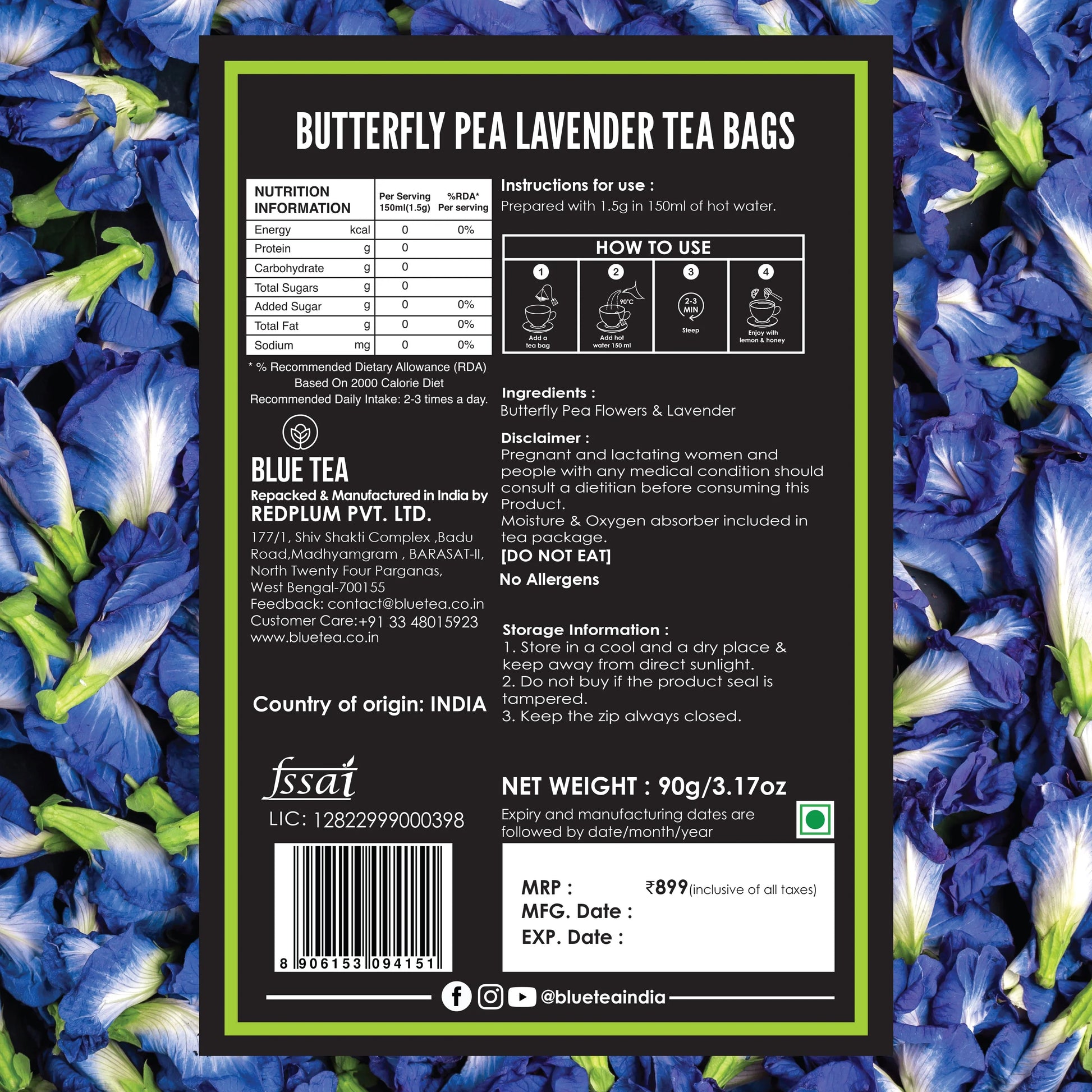 Butterfly Pea Lavender Herbal Tea - 60 Teabags 60 Tea Bags