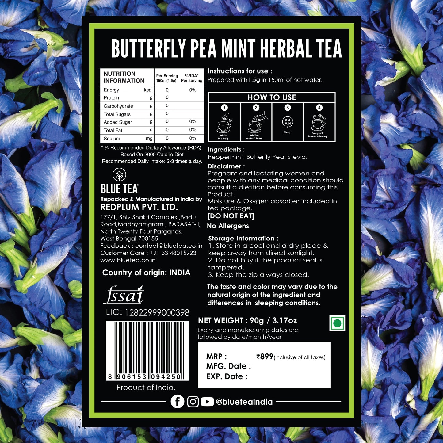 Butterfly Pea Mint Herbal Tea - 60 Tea Bags 60 Tea Bags