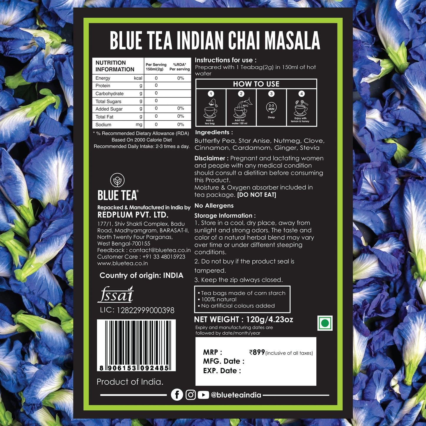 Blue Tea Indian Chai Masala (Calming Blue Tea) - 60 Teabags 60 Tea Bags