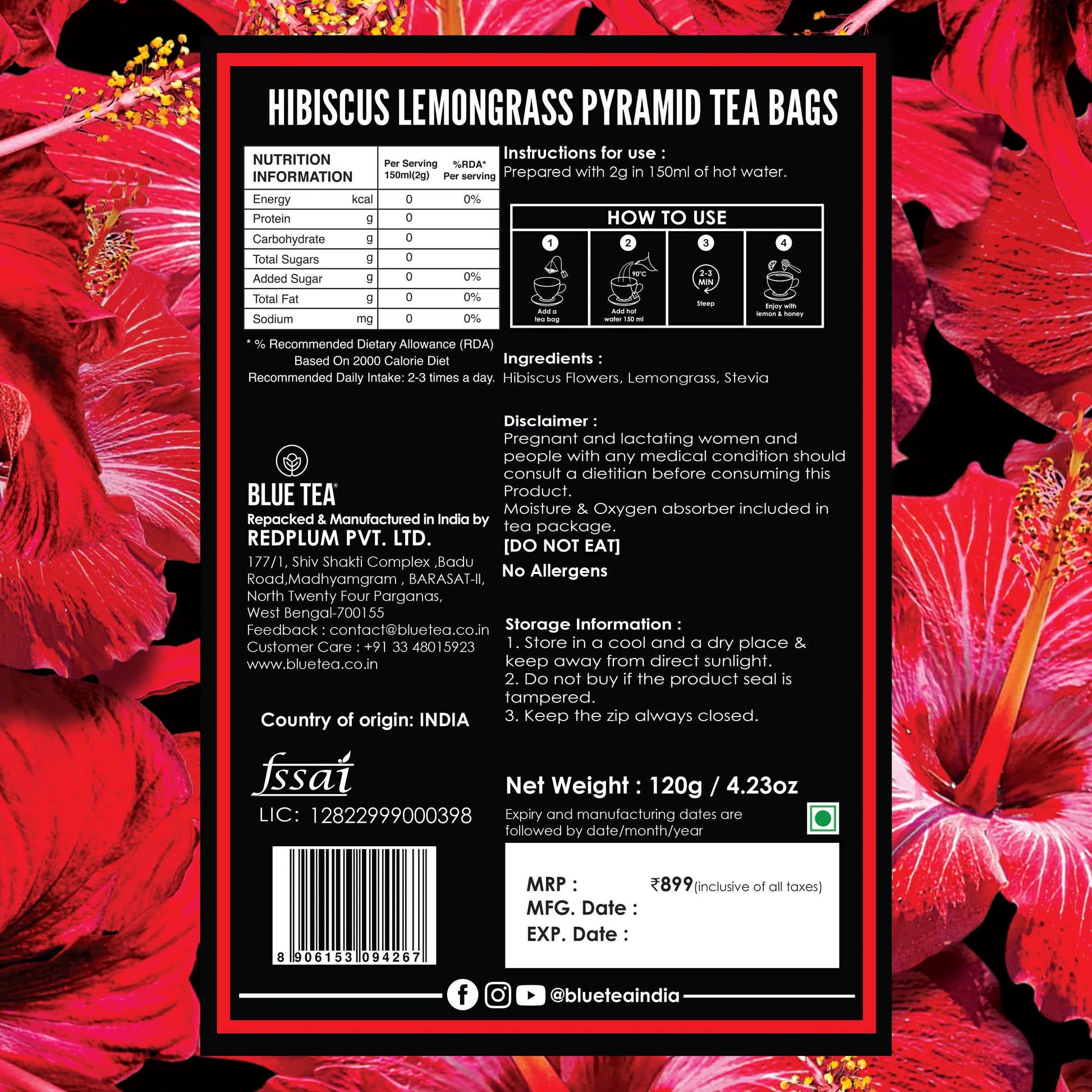Hibiscus Lemongrass Herbal Tea - 60 Tea Bags 60 Tea Bags