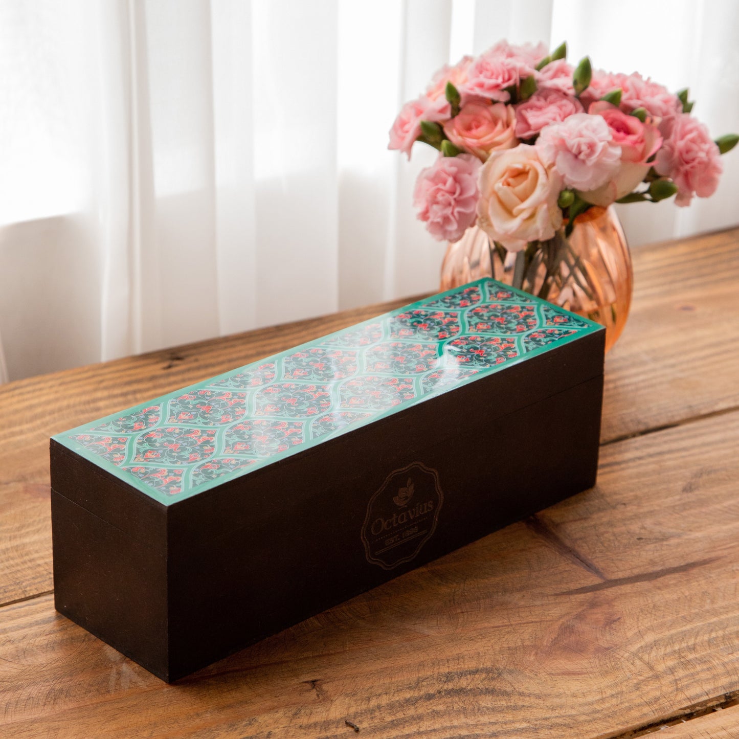 Assortment of Fine Teas- 60 Black & Green Teabags in Ornate Floral Art Wooden Box 830g