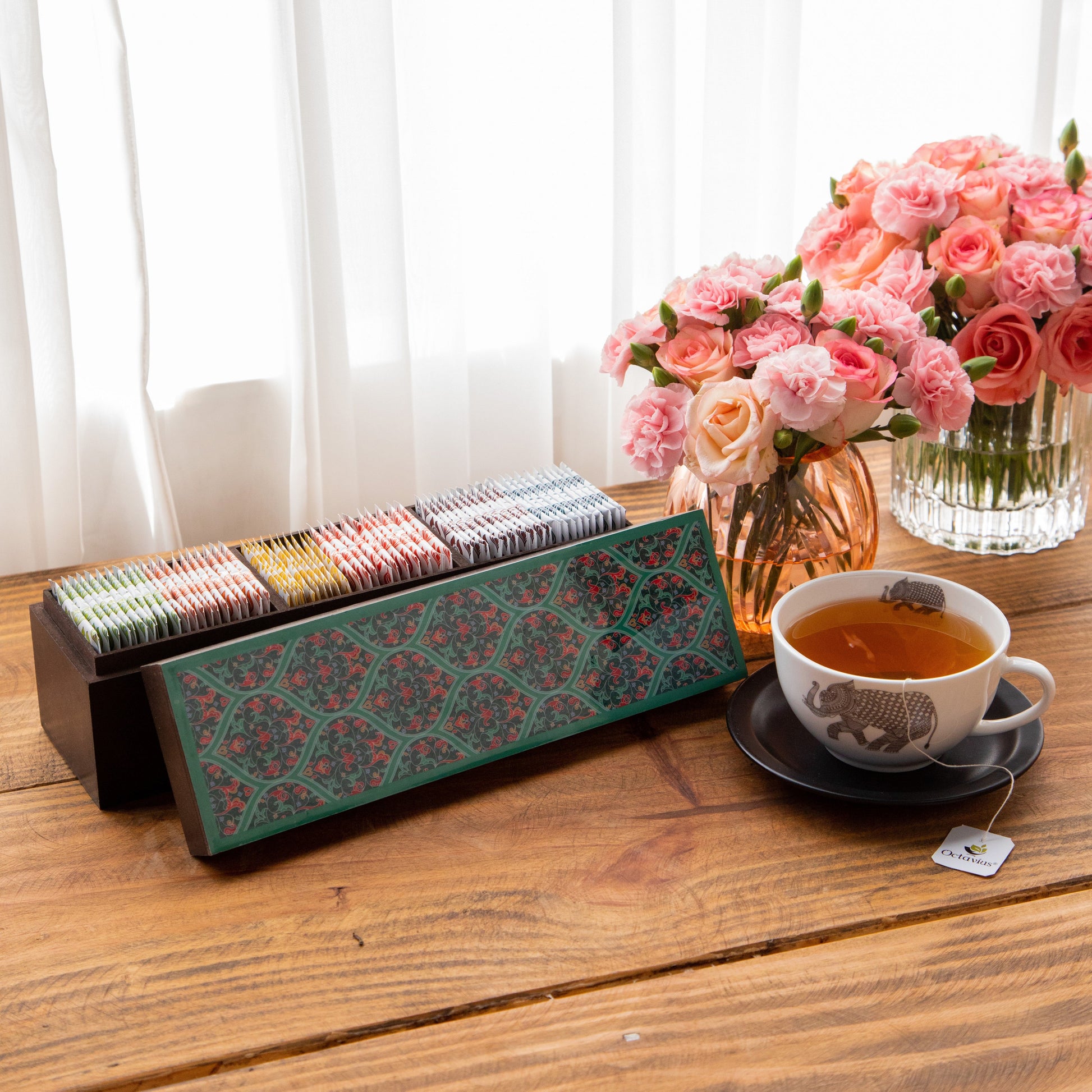 Assortment of Fine Teas- 60 Black & Green Teabags in Ornate Floral Art Wooden Box 830g
