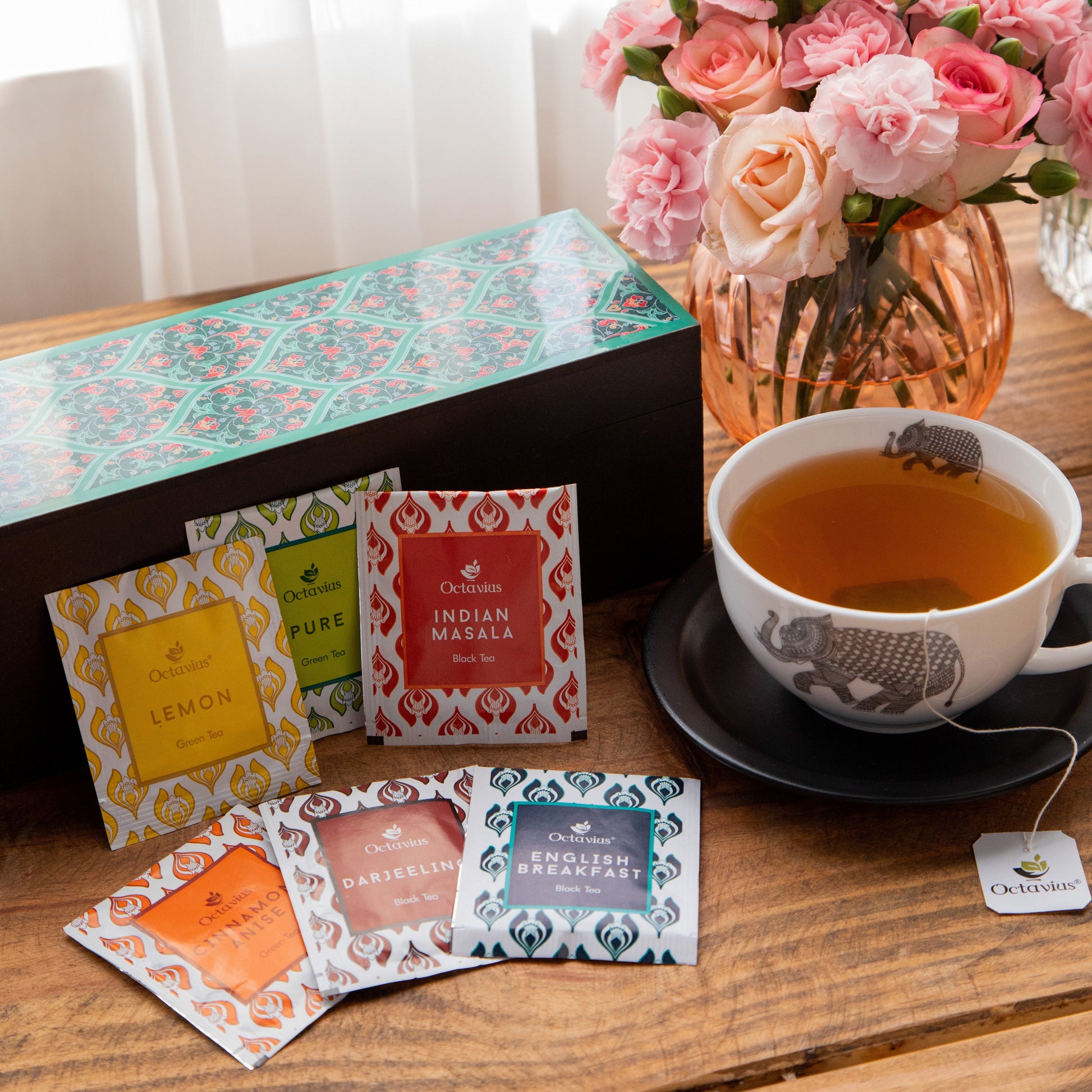 Assortment of Fine Teas- 60 Black & Green Teabags in Ornate Floral Art Wooden Box 830g
