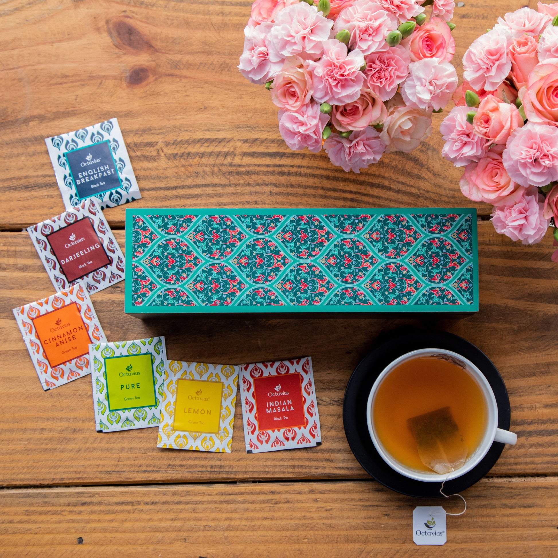 Assortment of Fine Teas- 60 Black & Green Teabags in Ornate Floral Art Wooden Box 830g