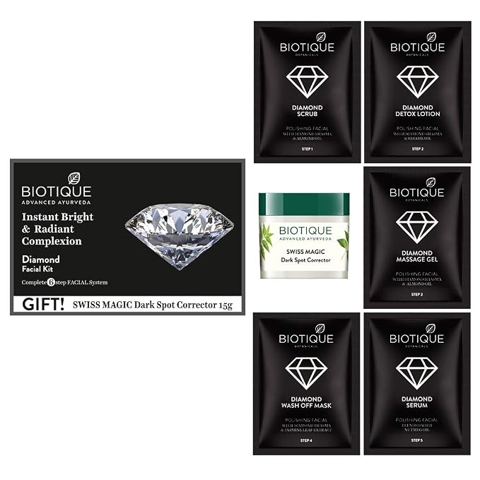 【Biotique】 Diamond Instant Bright & Radiant Complexion Facial Kit (5×10g + 15g, Pack of 2)｜ダイヤモンド フェイシャルキット｜5×10g+15g×2箱