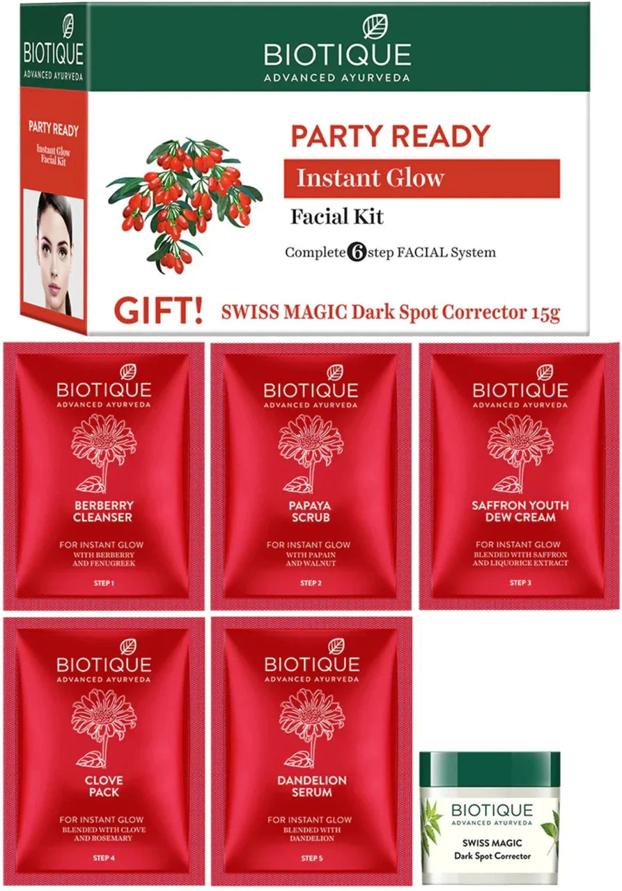 【Biotique】 Party Ready Instant Glow Facial Kit (5×10g + 15g, Pack of 2)｜パーティーレディ フェイシャルキット｜5×10g+15g×2箱