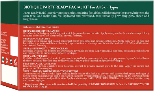 【Biotique】 Party Ready Instant Glow Facial Kit (5×10g + 15g, Pack of 2)｜パーティーレディ フェイシャルキット｜5×10g+15g×2箱