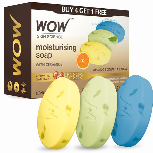 【WOW Skin Science】 Moisturizing Soaps with Ceramide - Vitamin C, Green Tea, Aqua - Pack of 5｜セラミド配合 モイスチャライジングソープ 3種アソート 5個セット｜500g