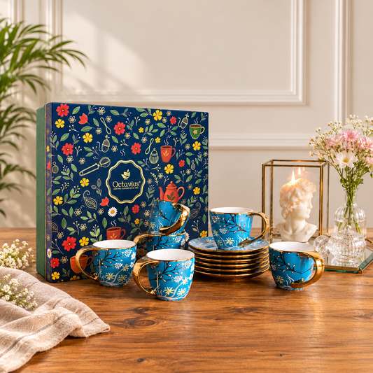 【Octavius】 Royal Azure Bloom Tea Set (6 Cups & Saucers) – 200 ML Each｜Royal Azure Bloom ティー セット (6 カップs & Saucers)｜200ml