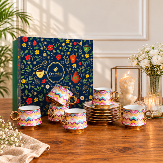 【Octavius】 Majestic Ikat Waves Tea Set (6 Cups & Saucers) – 200 ml｜Majestic Ikat Waves ティー セット (6 カップs & Saucers)｜200ml