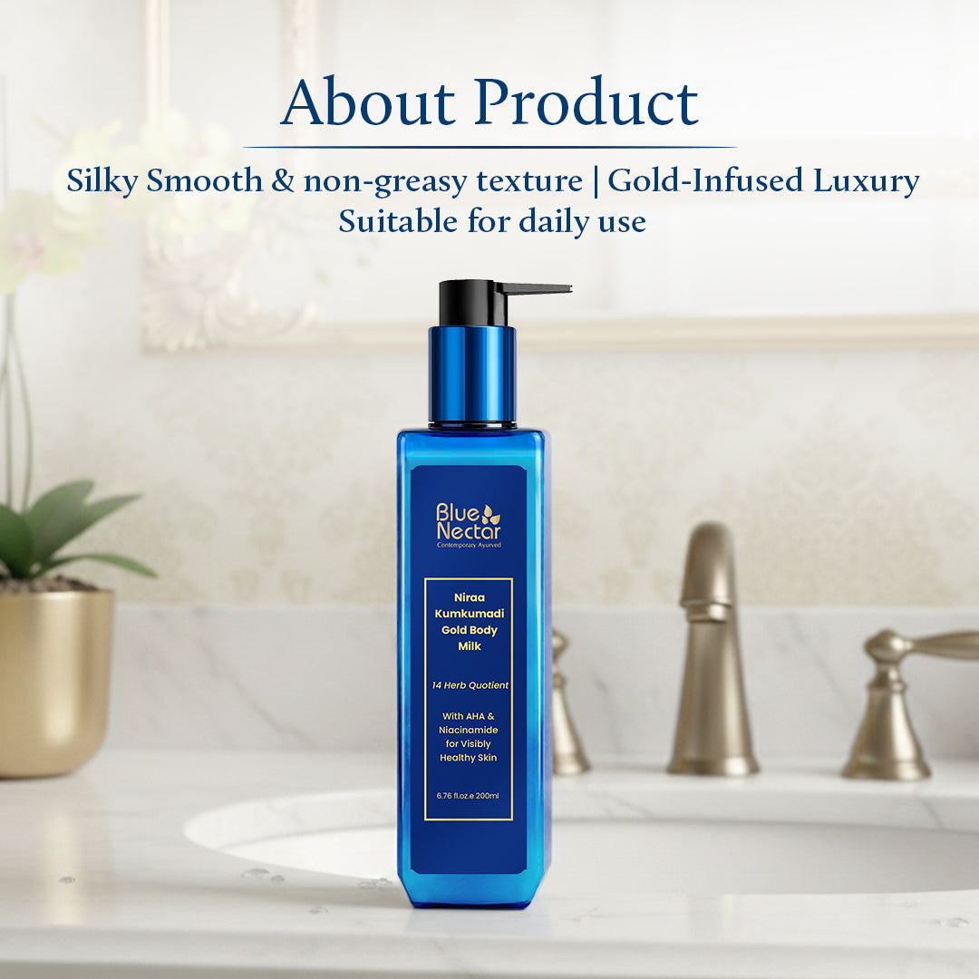 Niraa 24K Gold Body Milk Lotion with AHA, Niacinamide & Milk Protein for Glowing Skin (14 Herbs) 100ml