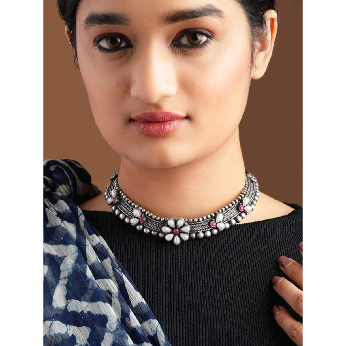 Rubans Silver Plated Handcrafted Oxidised Floral Choker Silver
