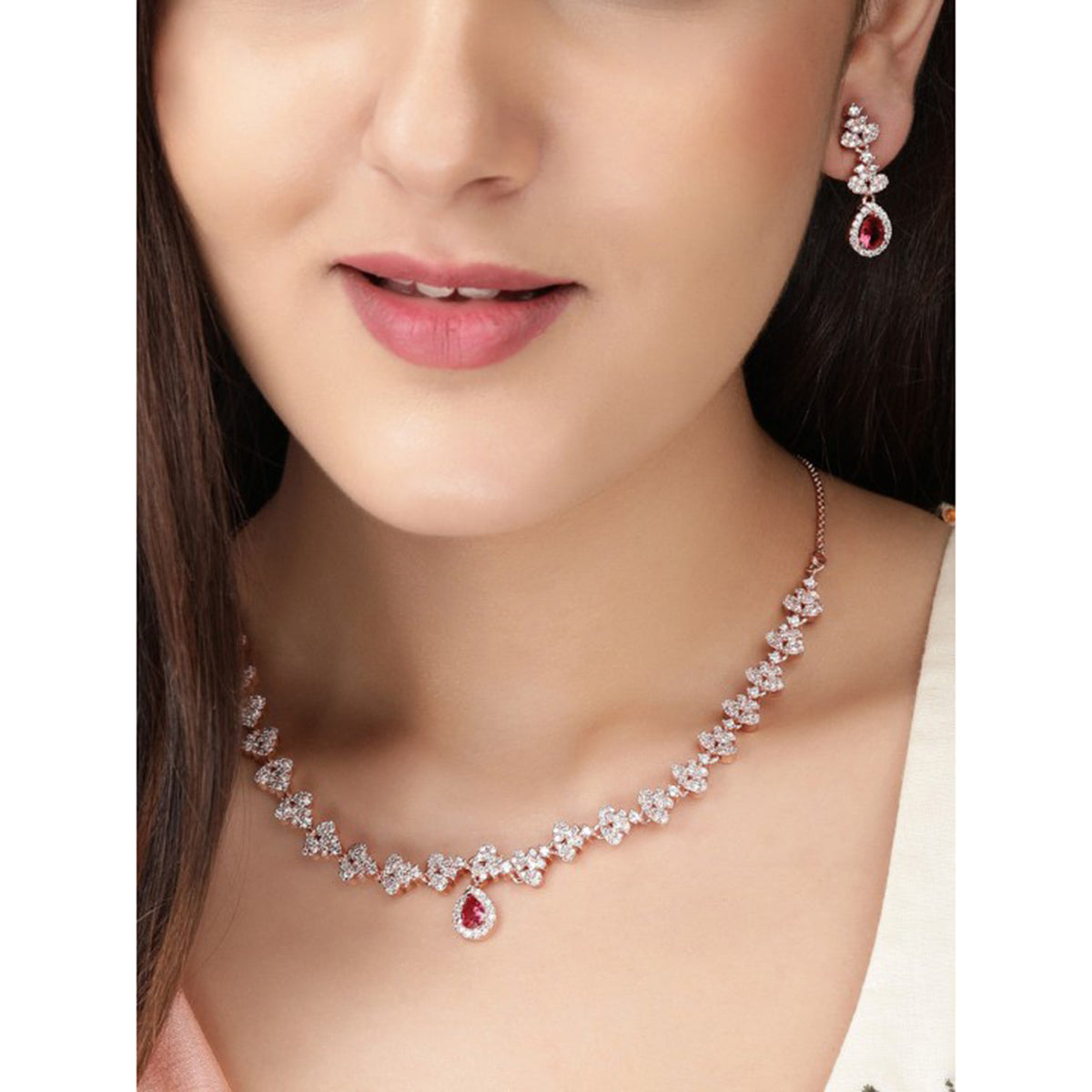Rubans 22K Rose Gold-Plated Ruby Pink & White Cubic Zirconia Studded Necklace Set with Earrings Rose Gold