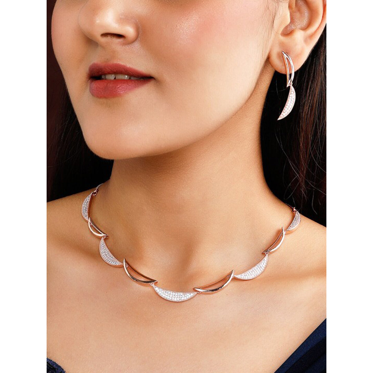 Rubans Rose Gold Plated Zirconia Stone Studded Handcrafted Necklace Set. Rose Gold