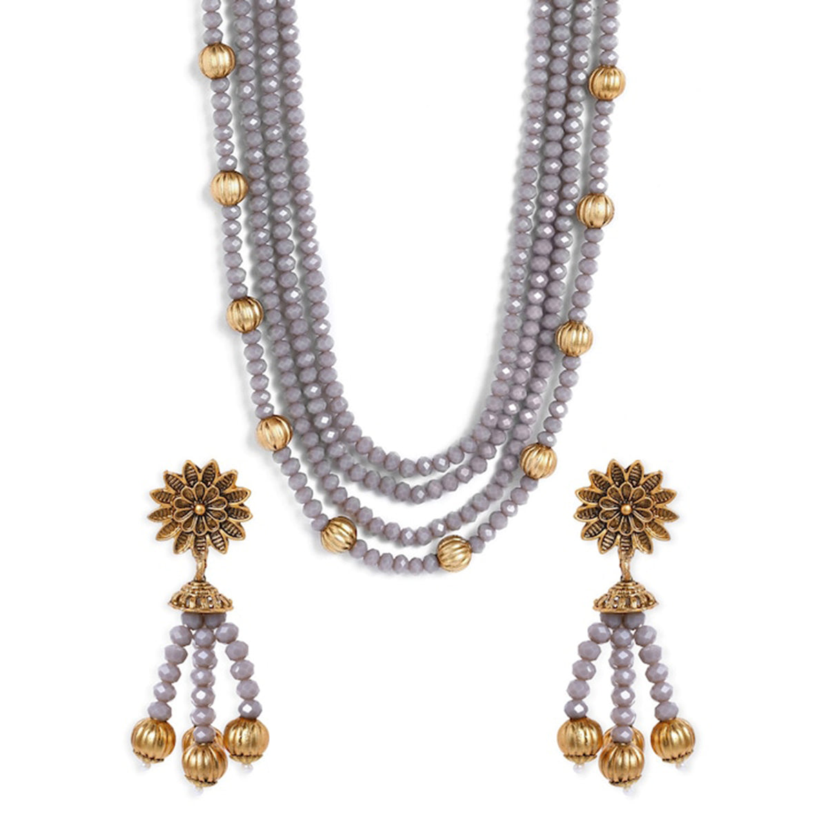 Rubans Gold Plated Crystal Beads Embellished Statement Necklace Set Grey
