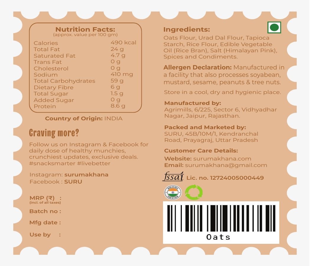 【SURU】 Premium Oats Chips Indian Masala｜プレミアム オーツチップス インディアンマサラ｜80g