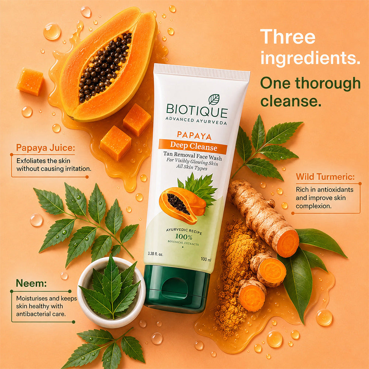 【Biotique】 Papaya Deep Cleanse Face Wash｜パパイヤ ディープクレンズ 洗顔料｜100ml×2本セット