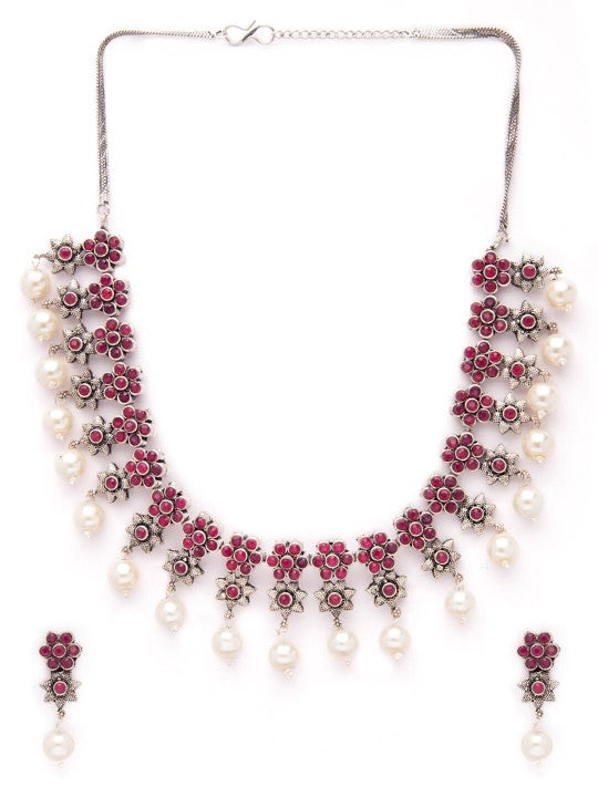 Rubans Oxidised Silver Plated Embellished With Faux Ruby Floral Necklace Set Pink