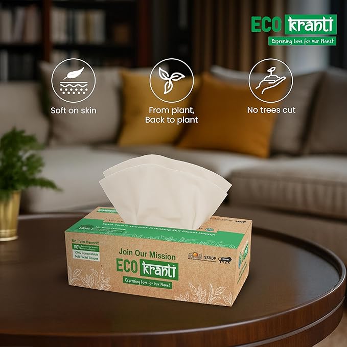 Eco Kranti - Facial Tissue Paper Box | 100 Pulls x 3 Packs | 100% Natural Bagasse | Biodegradable, Compostable 100g
