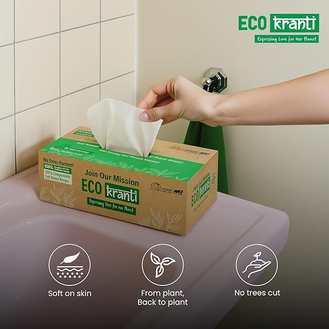 Eco Kranti - Facial Tissue Paper Box | 100 Pulls x 3 Packs | 100% Natural Bagasse | Biodegradable, Compostable 100g