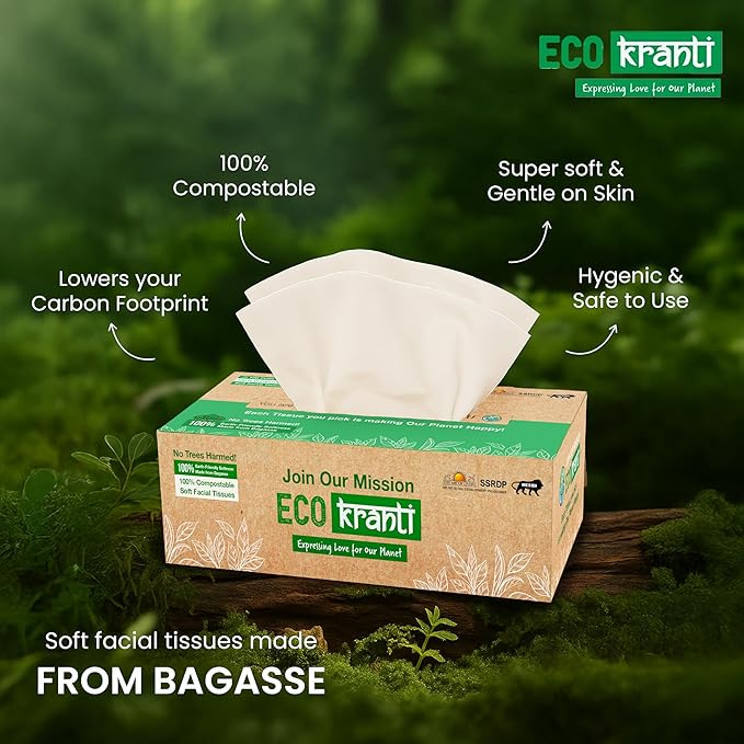 Eco Kranti - Facial Tissue Paper Box | 100 Pulls x 3 Packs | 100% Natural Bagasse | Biodegradable, Compostable 100g