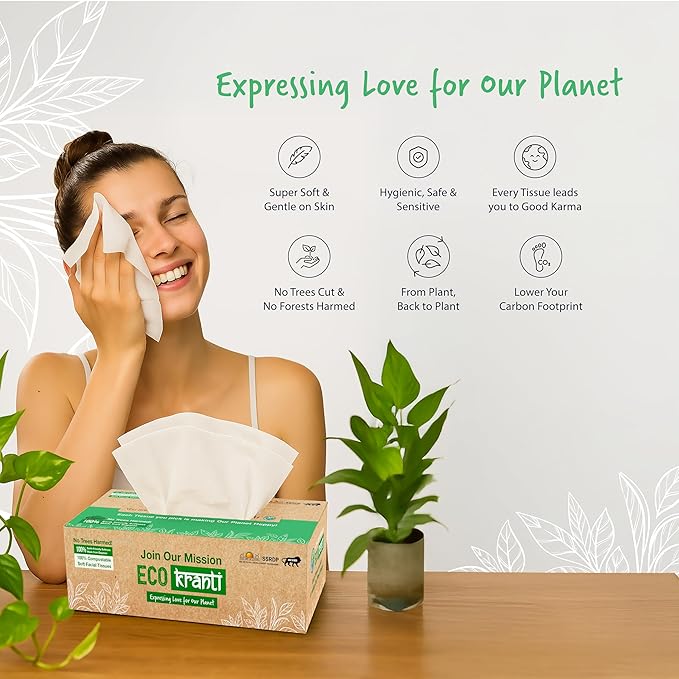 Eco Kranti - Facial Tissue Paper Box | 100 Pulls x 3 Packs | 100% Natural Bagasse | Biodegradable, Compostable 100g