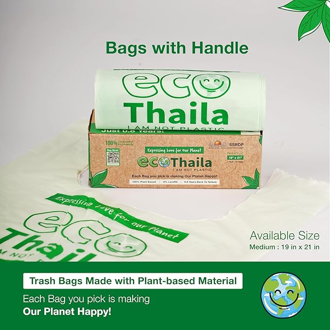 Eco Thaila - ECO Friendly Garbage Bags With Easy - Tie Handles | 45 bags (3 Boxes 15 bags each) | Compostable & Biodegradable 100g