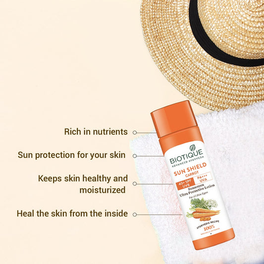 【Biotique】 SUN SHIELD CARROT 40+SPF Sunscreen Lotion｜サンシールド キャロット 40+SPF 日焼け止め ローション｜100ML