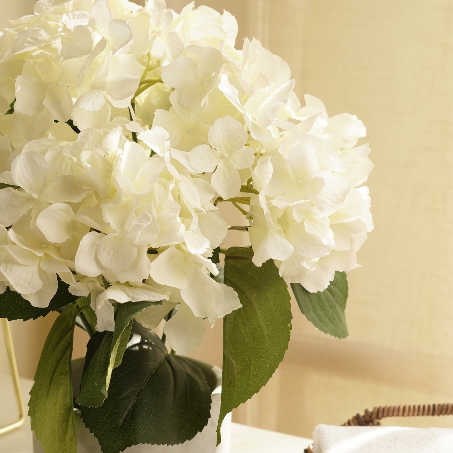 White Faux Hydrangea Bush With Cement Pot