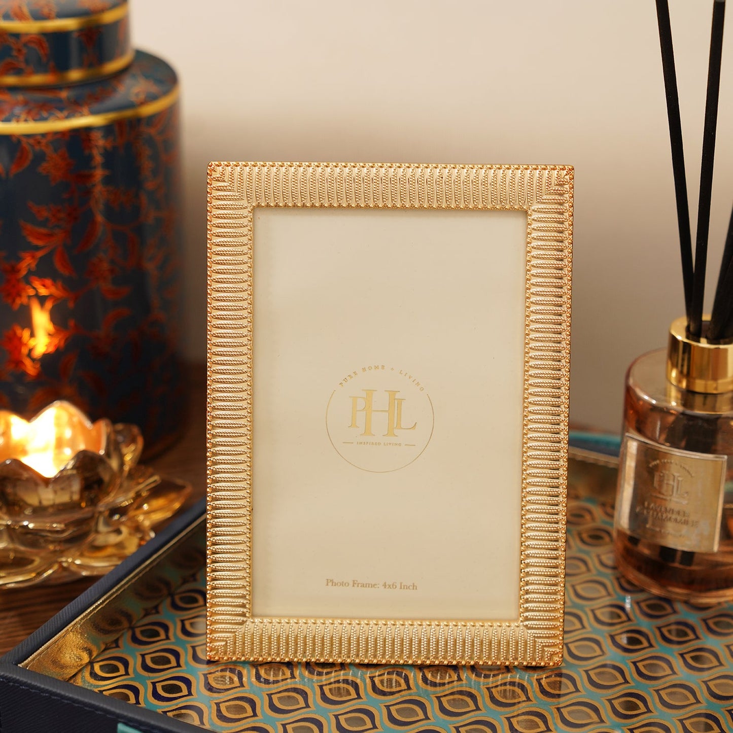 Gold Plated Ribbed Pattern Metal Photo Frame - Small