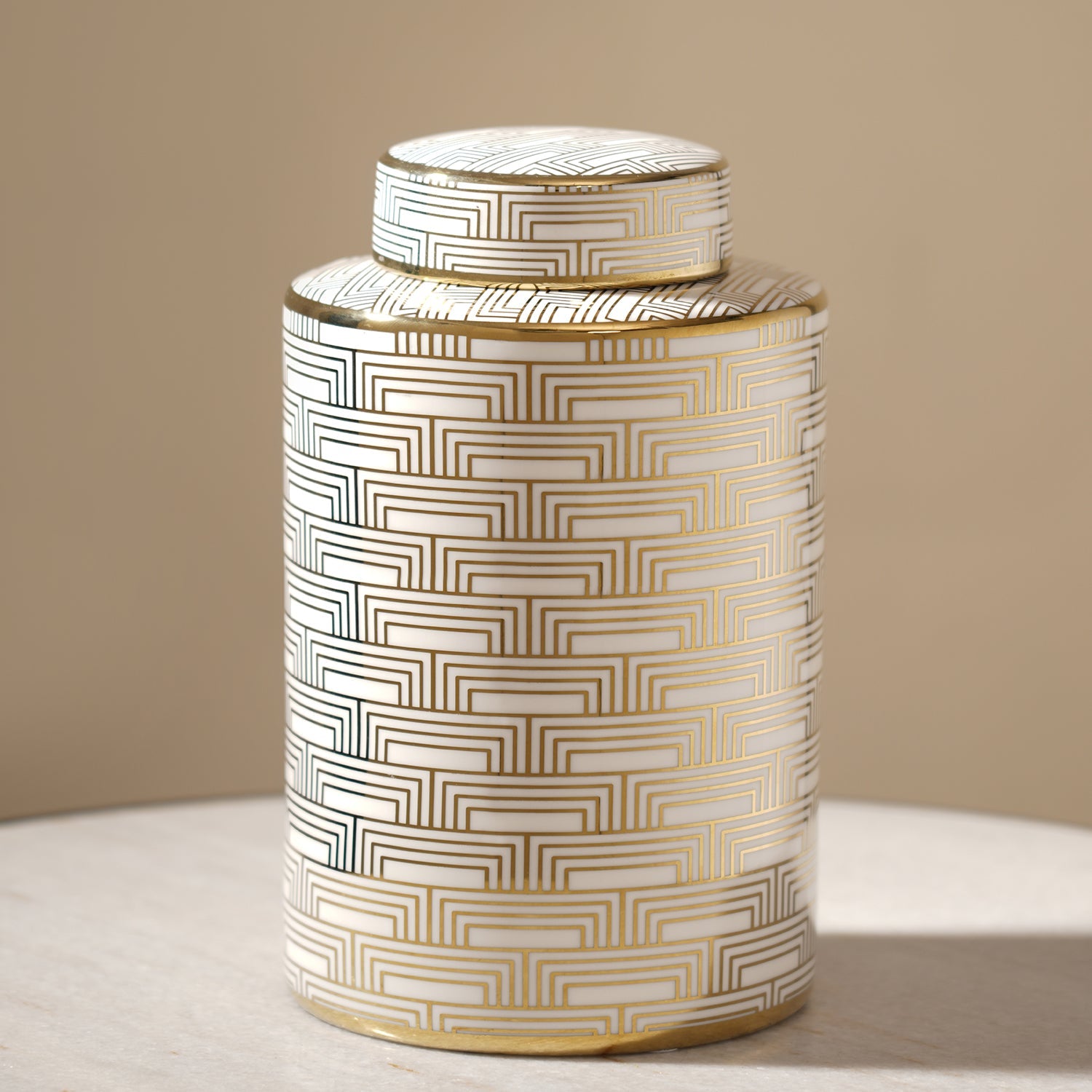 Ivory and Gold Geometric Pattern Canister