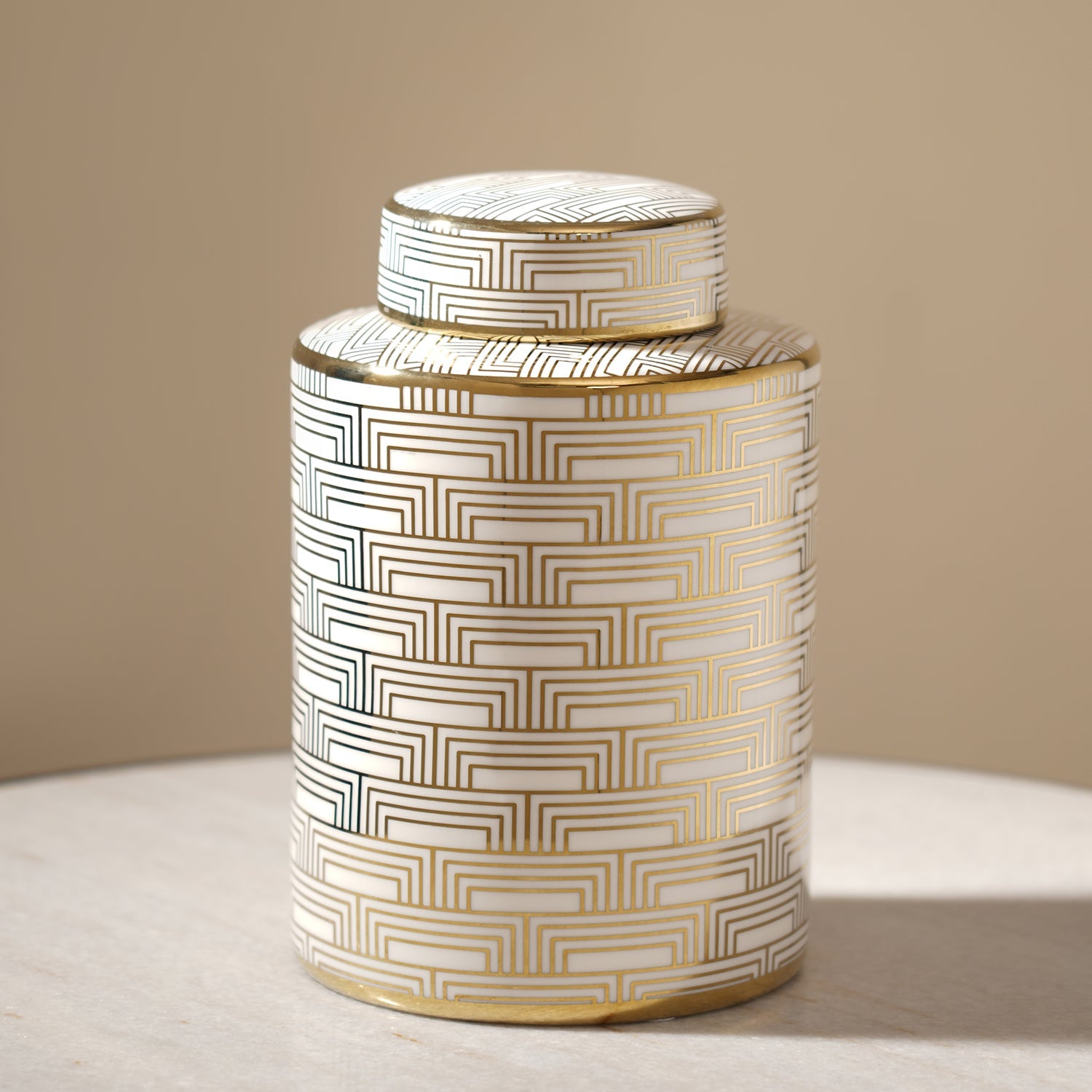 Ivory and Gold Geometric Pattern Canister - Small