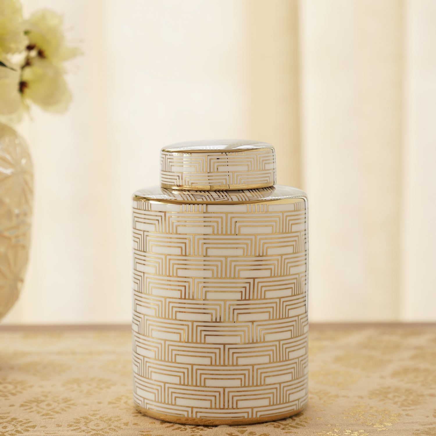 Ivory and Gold Geometric Pattern Canister - Small