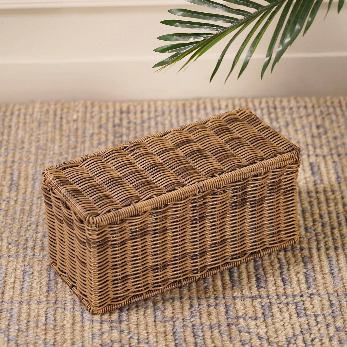 Light Brown Resin Wicker Tissue Roll Holder with Lid
