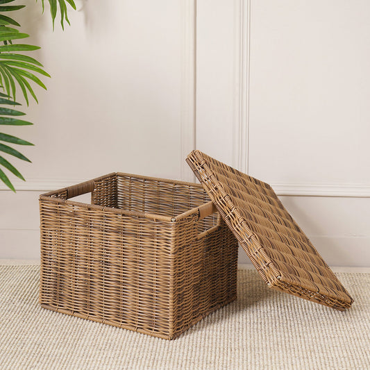 Light Brown Resin Wicker Multipurpose Storage Box With Lid
